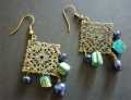EARRINGS PIERCED FILIGREE BRASS WITH BLUE PEARL & SHELL
