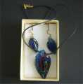 PENDANT & EARRINGS SET HANDMADE BLUE GLASS & METALLIC SWIRL